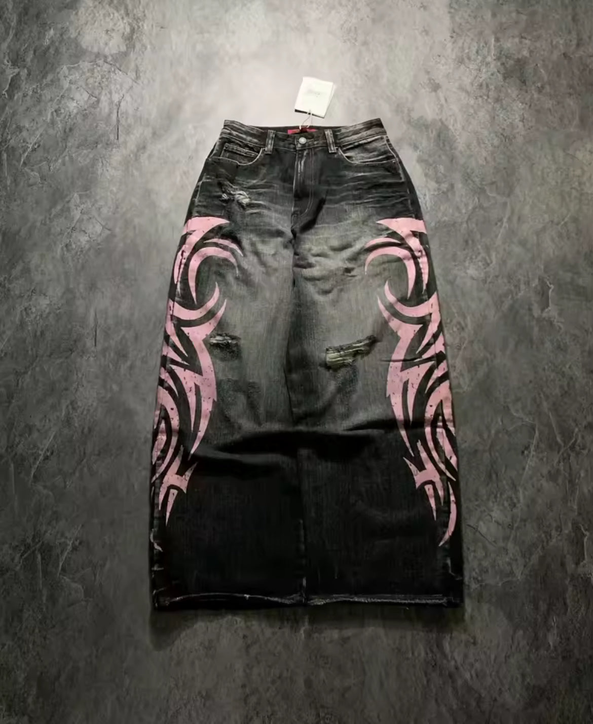 Jaded London Black Baggy Jeans with Pink Tribal Flame Graphics