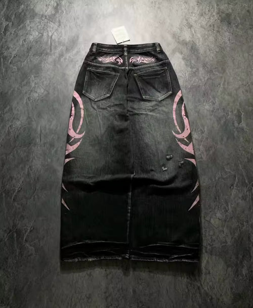 Jaded London Black Baggy Jeans with Pink Tribal Flame Graphics
