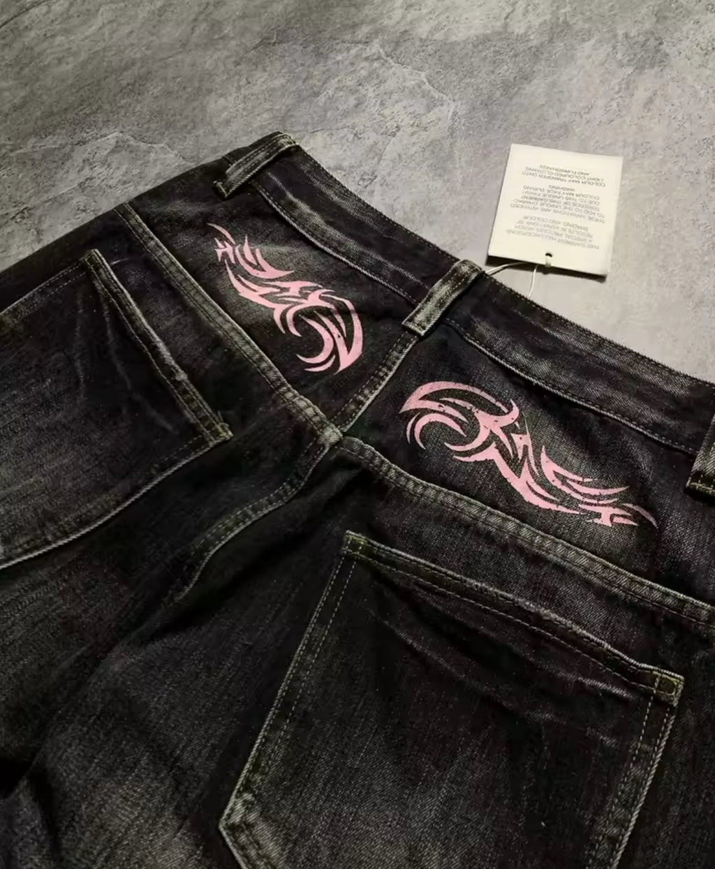 Jaded London Black Baggy Jeans with Pink Tribal Flame Graphics