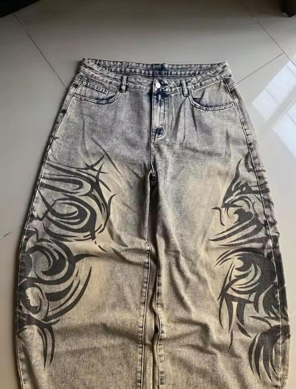 Grey Wash Baggy Jeans with Tribal Side Graphic Design