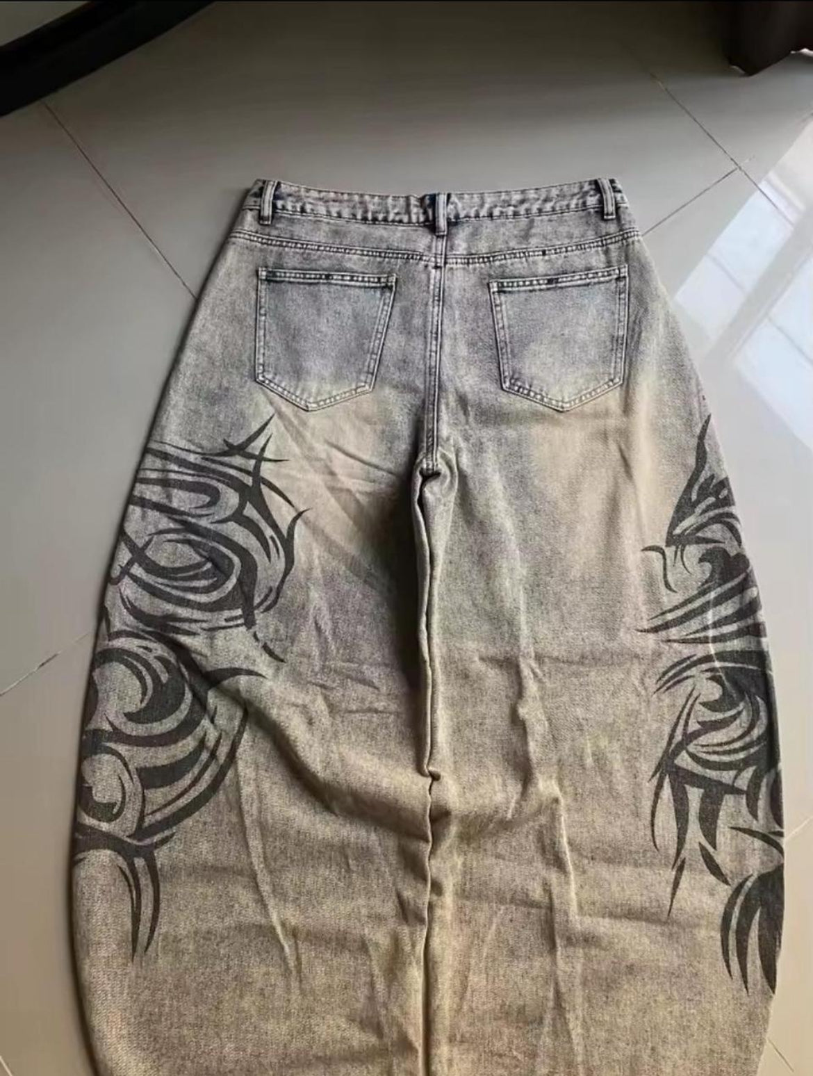 Grey Wash Baggy Jeans with Tribal Side Graphic Design
